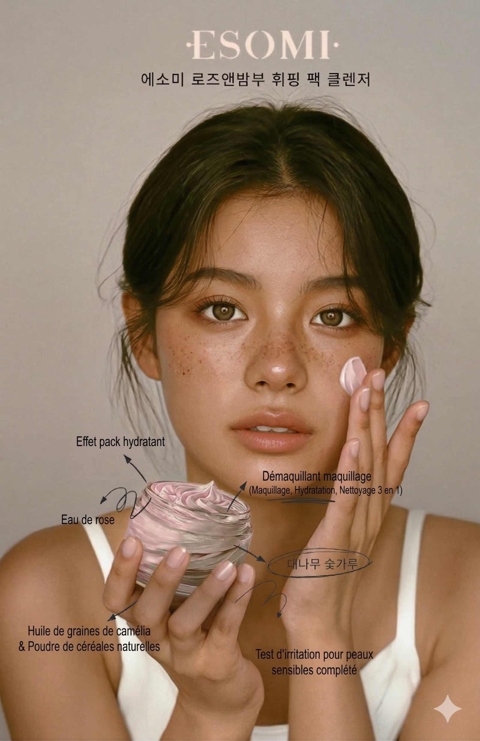 ESOMI- Masque nettoyant fouetté & Démaquillant 3 en 1 à l'eau de rose et aux vitamines E et K (100ml) – Image 5