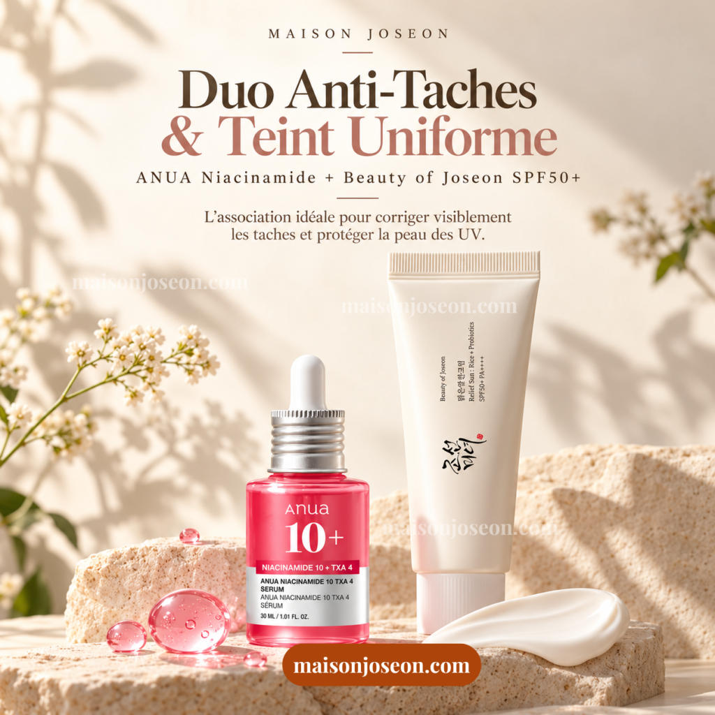 Duo Anti-Taches & Teint Uniforme – ANUA Niacinamide + Beauty of Joseon SPF50+