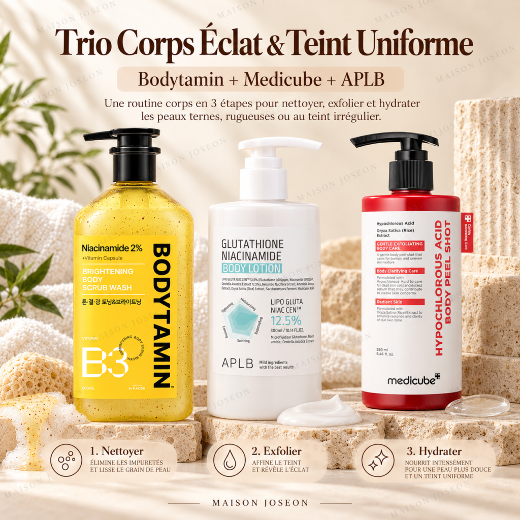 Trio Corps Éclat & Teint Uniforme – Bodytamin + Medicube + APLB